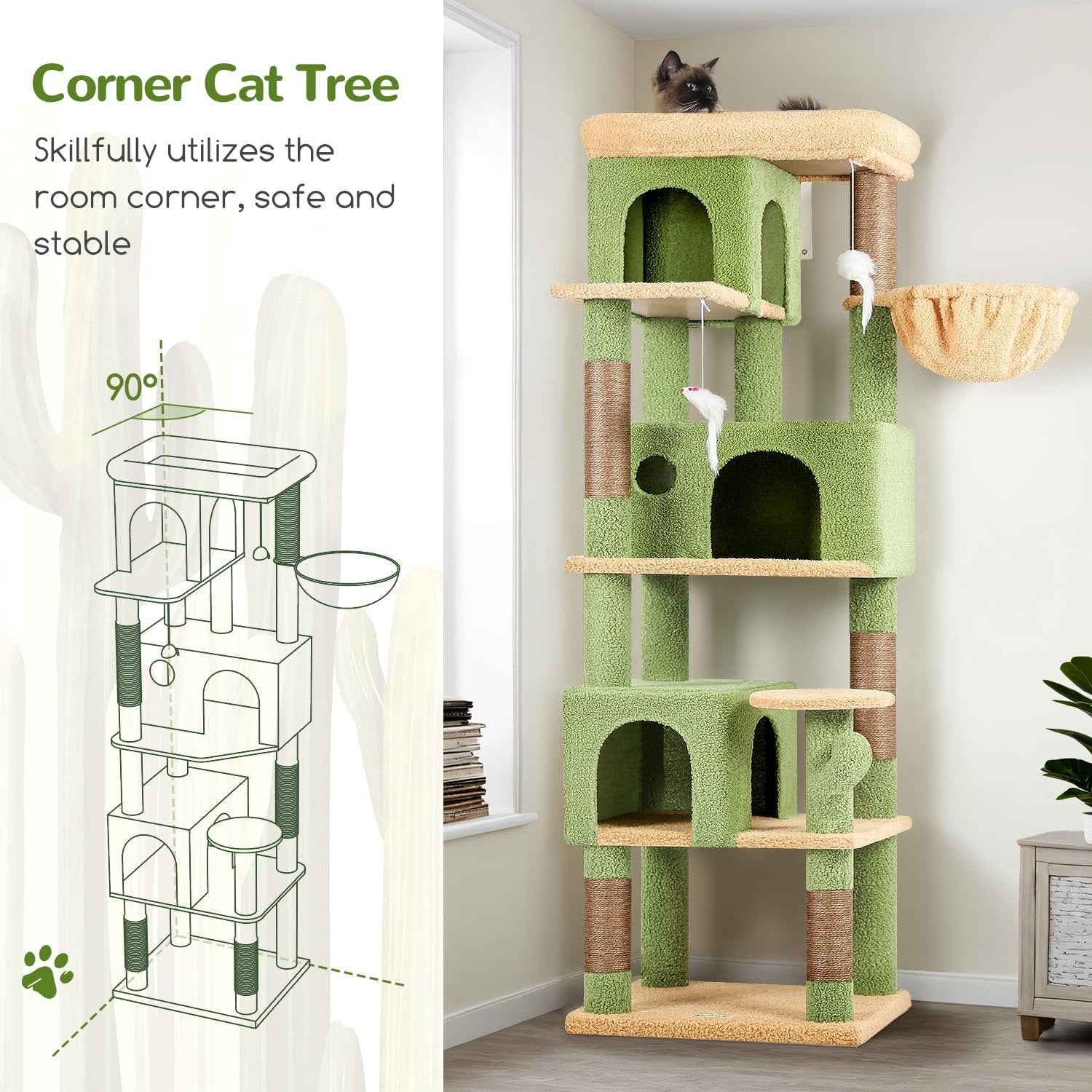 66 inch Multi-Level Cactus Climbing Tower Kitty Condo with Large Platform, 3 Caves A624573