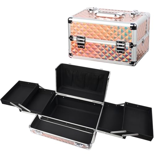 Black Portable Makeup Train Case with Lock and Shoulder Strap W223014