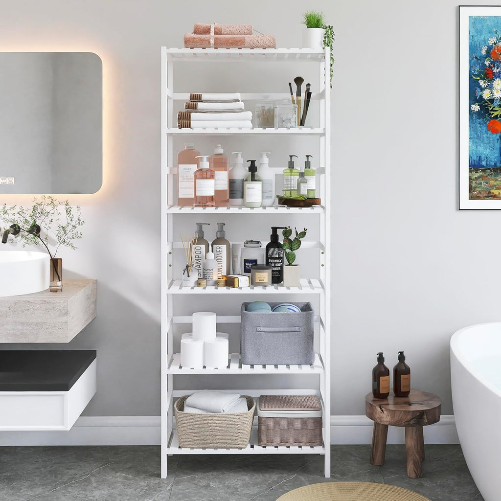 White Freestanding Bamboo Floor Cabinet with Adjustable Shelves and 4 Hooks K869243