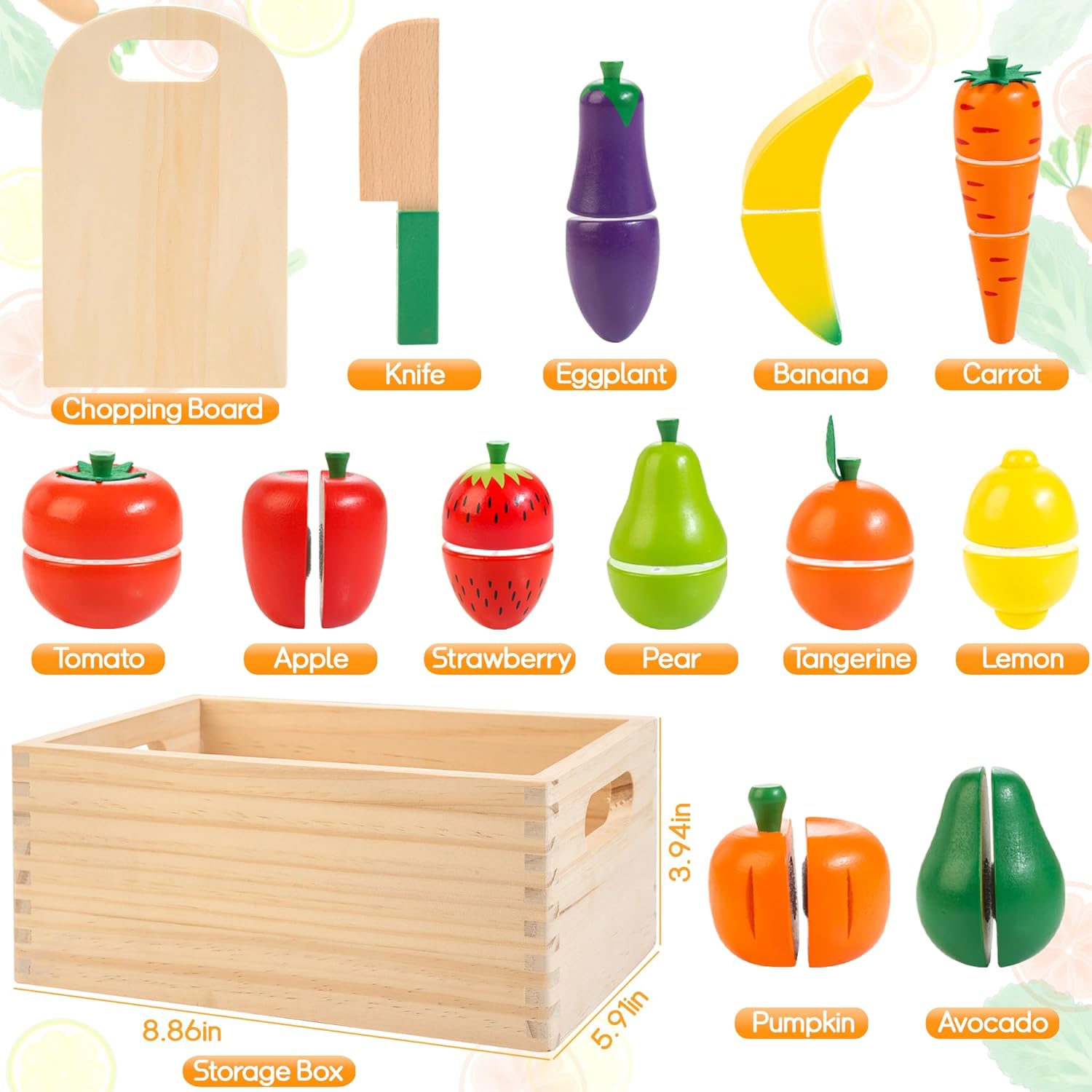 Velcro Fruit and Veggies Cutting Set Wooden Play Food S328