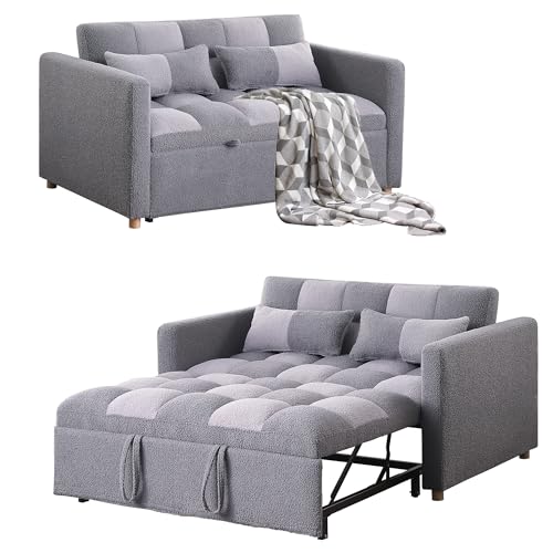 Brown Teddy Fabric Pull Out Sleeper Sofa with Adjustable Backrest and Pillows G628159