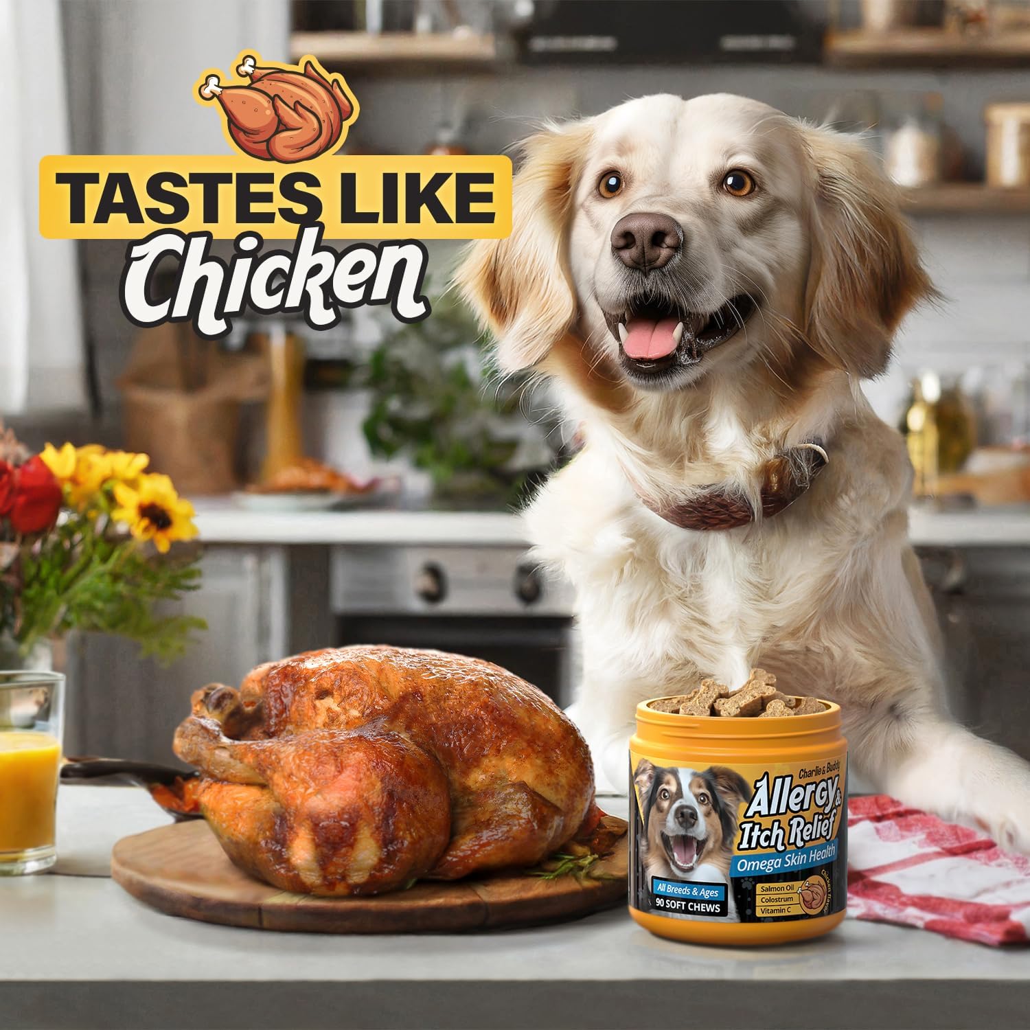 90 Soft Chews Chicken Flavor Dog Allergy Chews with Omega 3 Fish Oil U521805