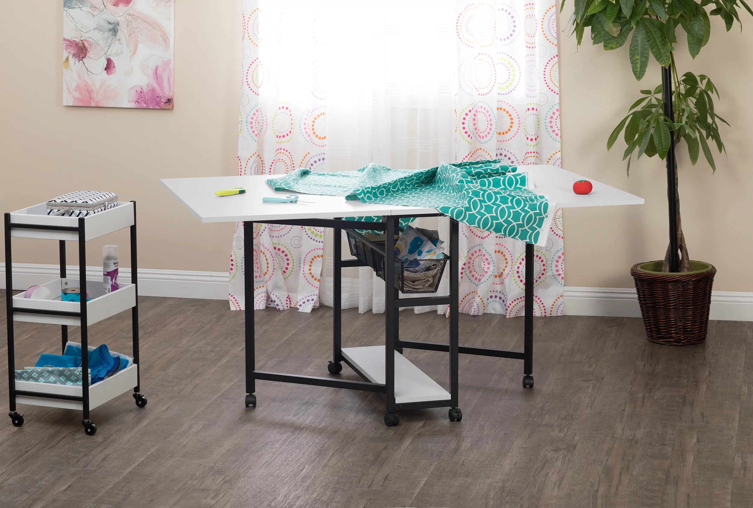 Charcoal White Mobile Fabric Cutting Table with Storage 30" H P7816