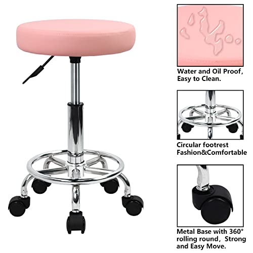 Pink PU Leather Rolling Stool with Foot Rest F7244