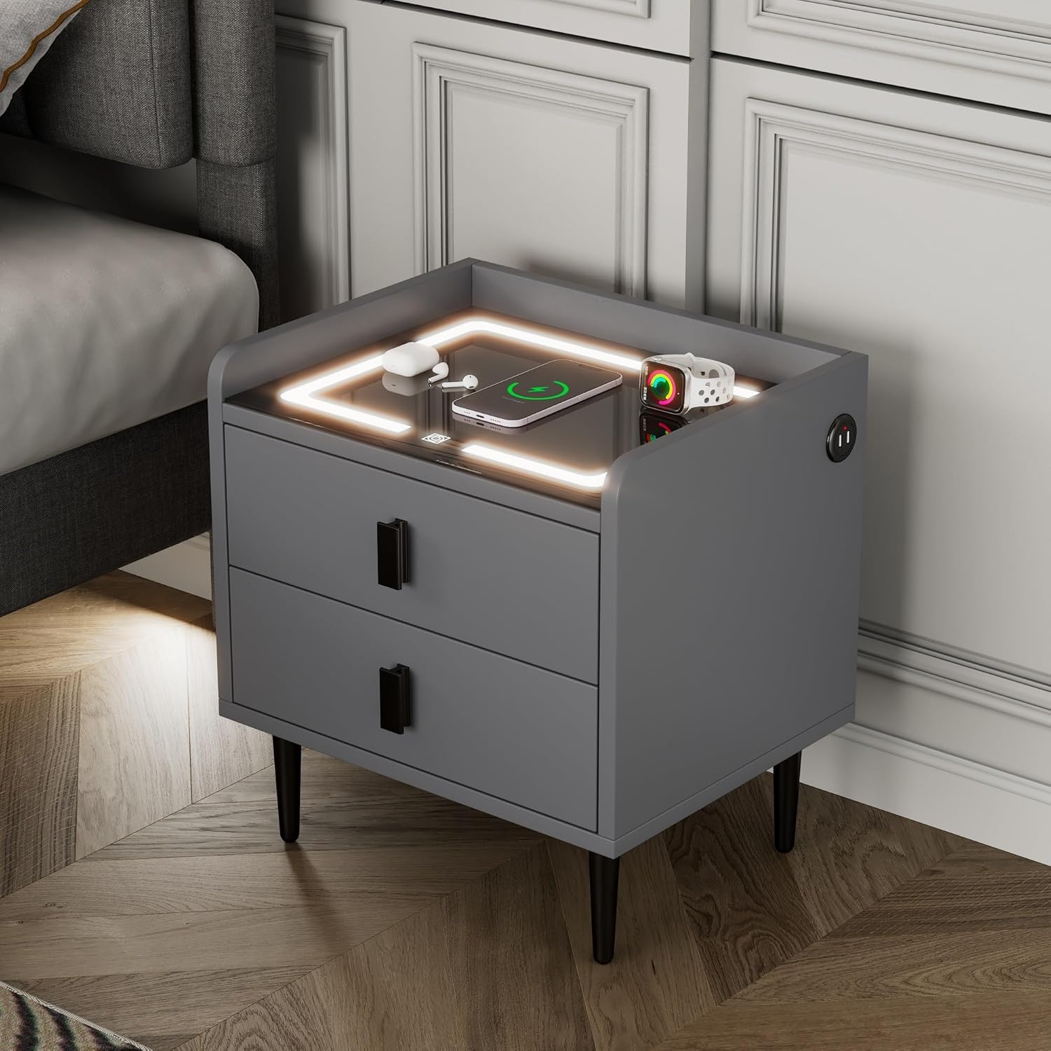 1 Pack Nightstand with Wireless Charging Station and LED Lights Grey W79740