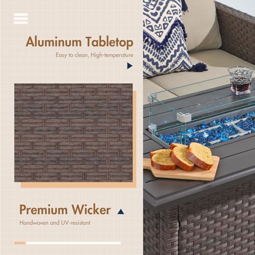 43 Inch Wicker Propane Fire Pit Table with Aluminum Tabletop, Taupe Rattan O7562