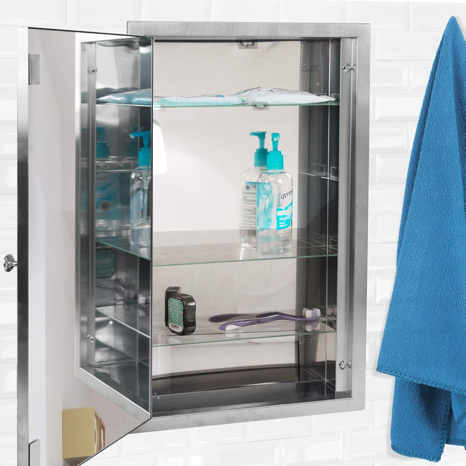 Brushed Nickel Recessed Medicine Cabinet Mirror with Beveled Edge and Adjustable Shelves 16"x26" B871