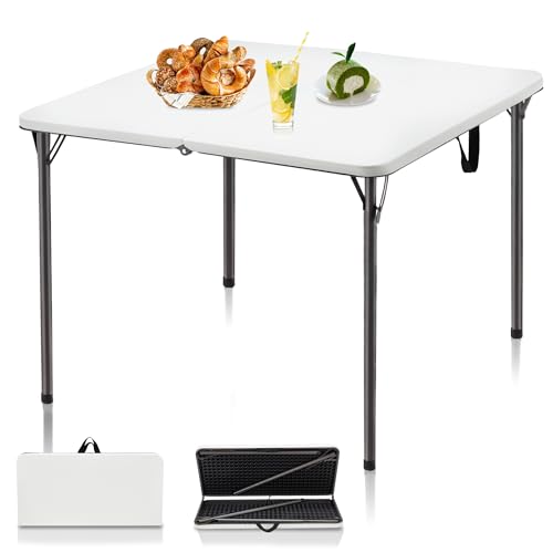 White 34" Square Plastic Folding Table with Carrying Handle K7396