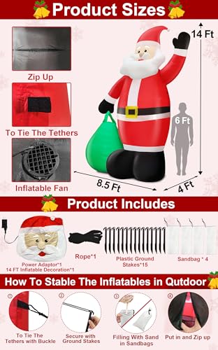 14 Ft by 8.5 Ft Giant Christmas Inflatable Santa Claus with Gift Bag Outdoor Decorations Y89739