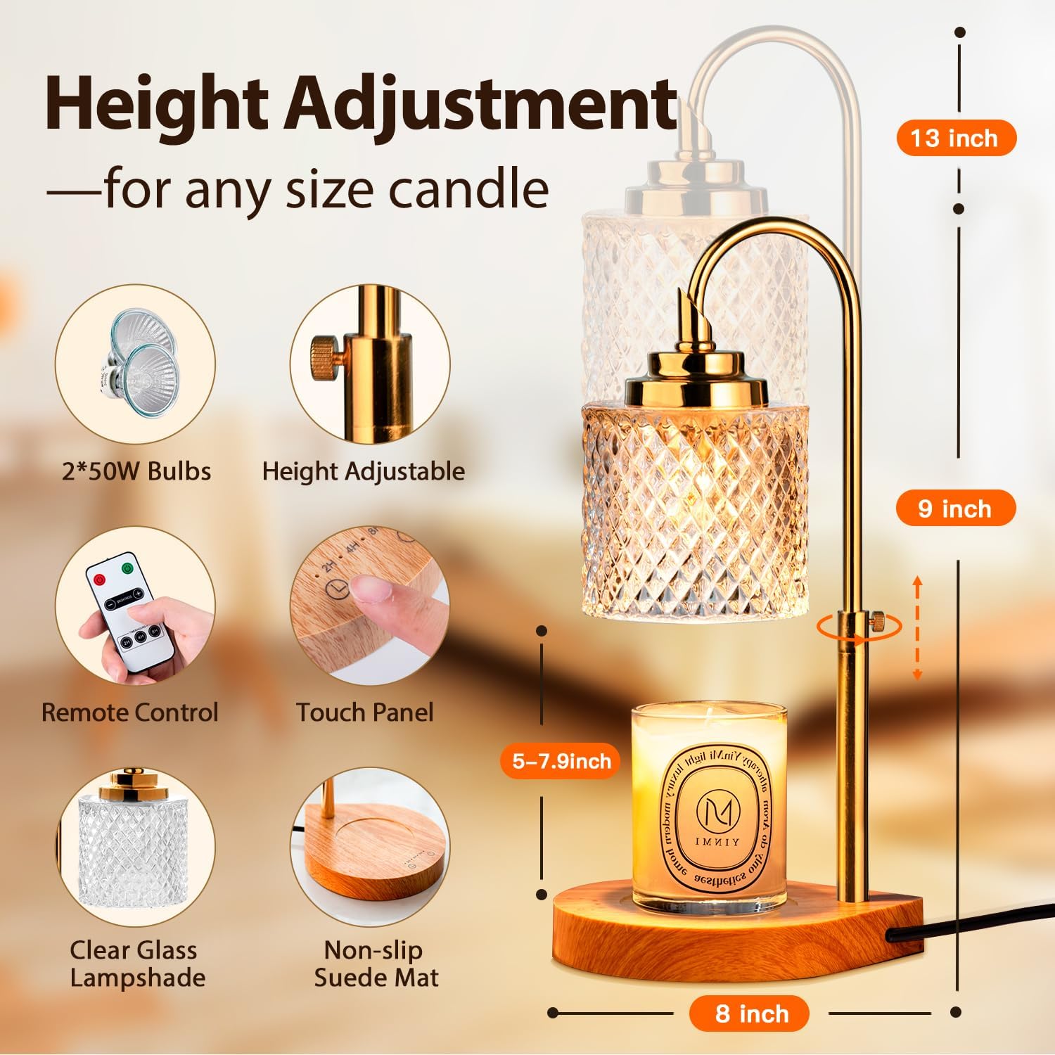 Candle Warmer Lamp with Remote Control, 2-4-8H Timing, 4-Level Dimming, Height Adjustable, 2 Bulbs E28858