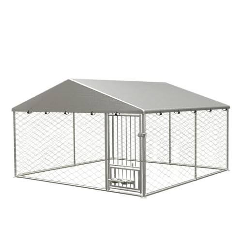 Large Outdoor Galvanized Steel Dog Kennel with Cover, 90" L x 90" W x 65" H O569