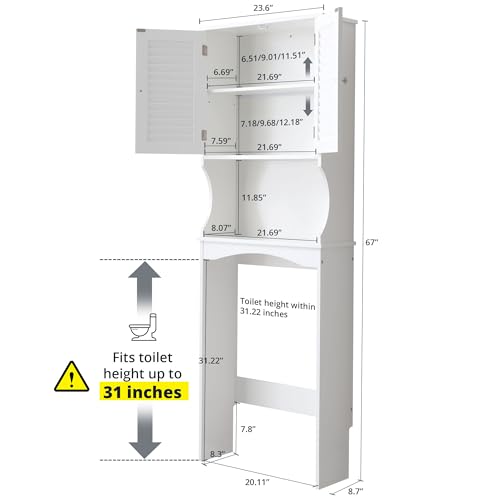 White 3-Tier Over The Toilet Storage Cabinet with Double Doors, 23 x 67 inches G80433