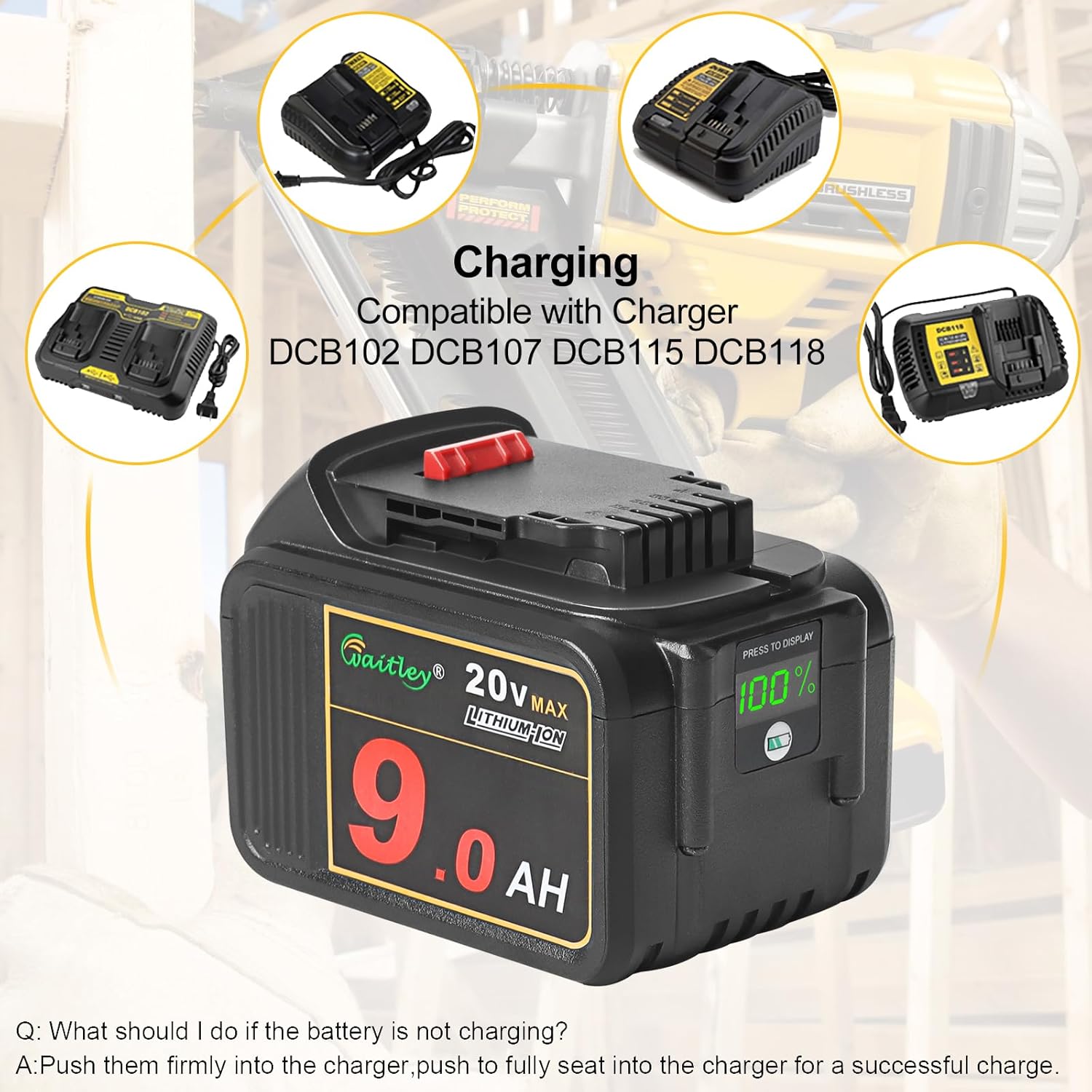 2 Pack 20V 9.0Ah Replacement Battery for Cordless Power Tools with LED Indicator T12280