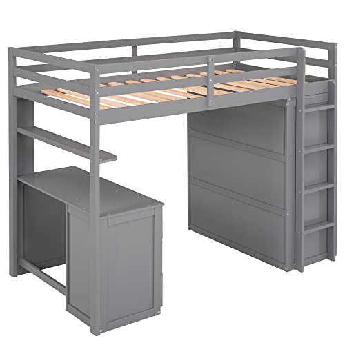 Full Size Solid Wood Loft Bed with Desk and Wardrobe S609