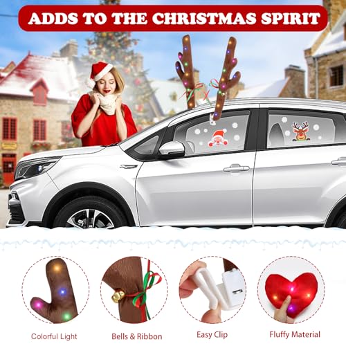 Car Decoration with LED Lights, Car Antlers, Window Sticker, Jingle Bells, Rudolph Nose - Car Reindeer Auto Holiday Accessories Decoration Kit Z459298
