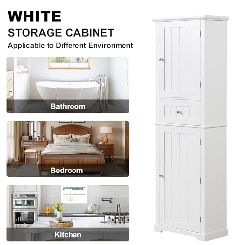 White Tall Bathroom Storage Cabinet with Drawer and Adjustable Shelf A9427