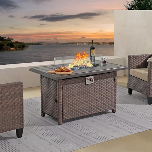 43 Inch Wicker Propane Fire Pit Table with Aluminum Tabletop, Taupe Rattan O7562