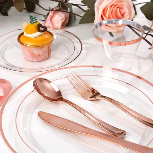 300PCS Gold Disposable Dinnerware Set - White and Gold Plastic Plates X40148