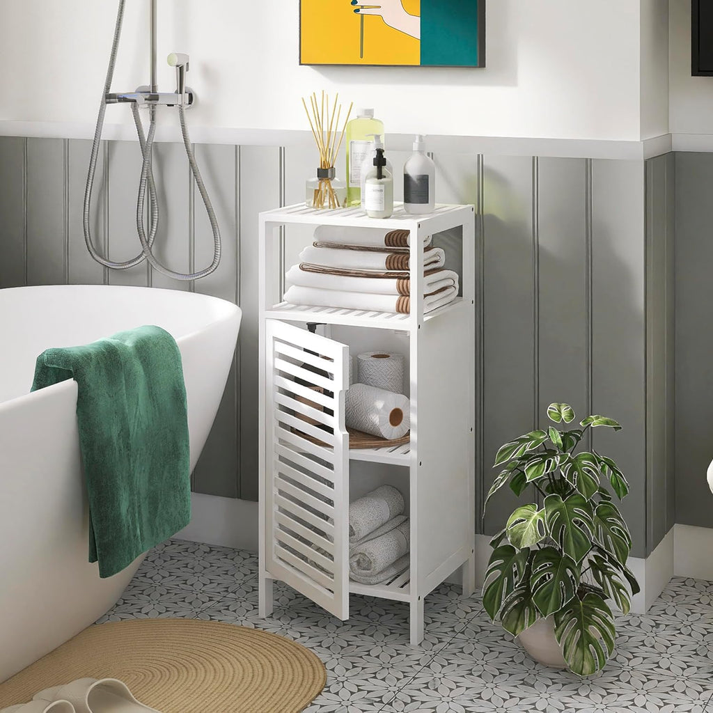White Freestanding Bamboo Floor Cabinet with Adjustable Shelves and 4 Hooks K869243