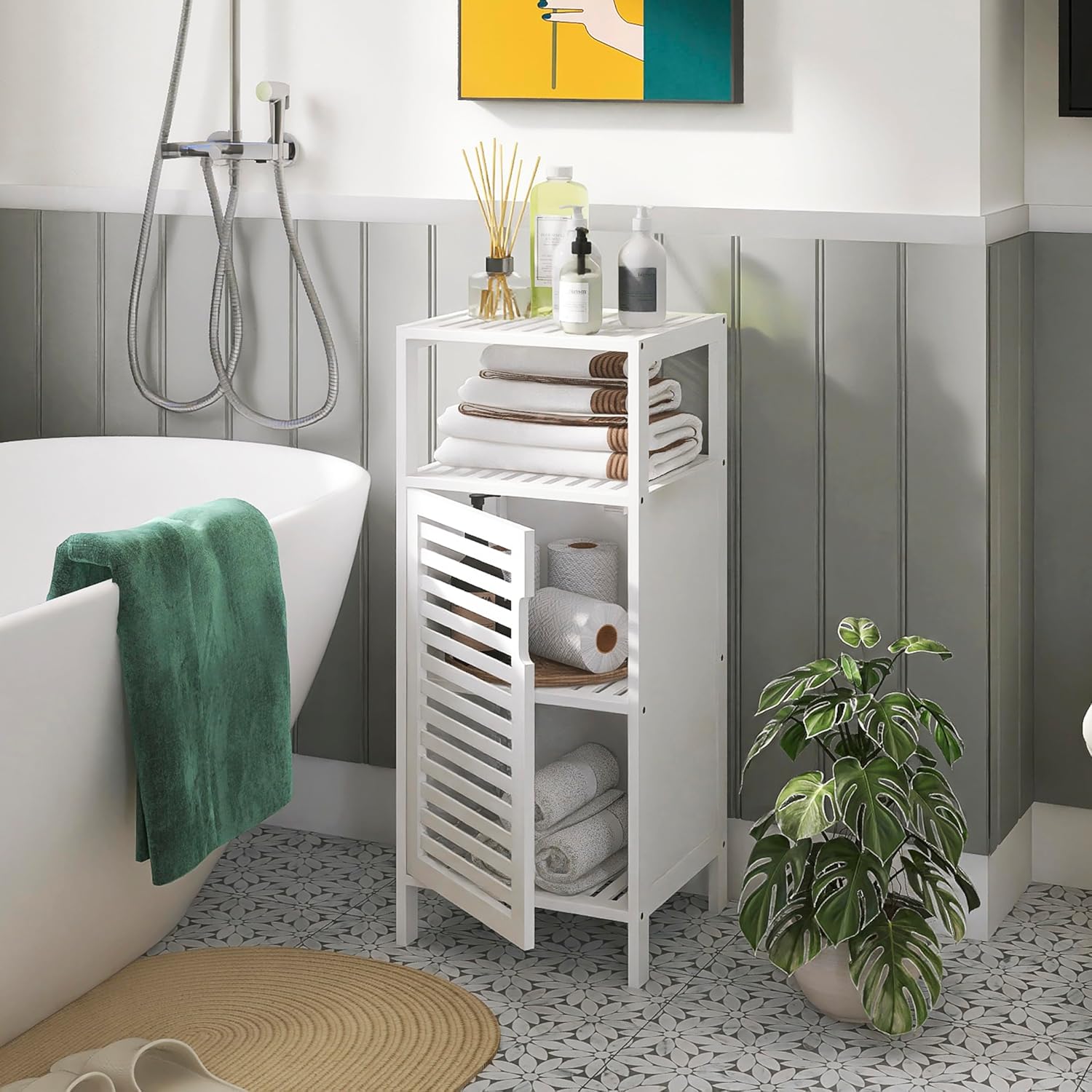 White Freestanding Bamboo Floor Cabinet with Adjustable Shelves and 4 Hooks K869243