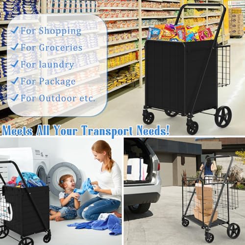 Heavy Duty Folding Shopping Cart with Double Basket, 360° Swivel Wheels, Waterproof Bag C887800