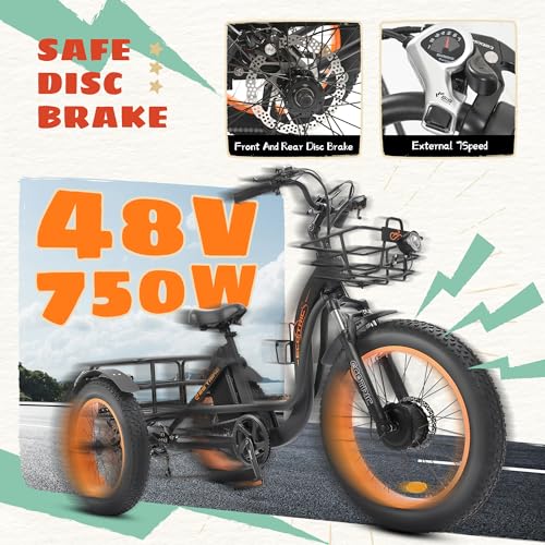 Electric Tricycle, Fat Tire 750W 48V 22.4AH Removable Battery, 7 Speeds 3 Wheel Electric Trike with Basket X3905