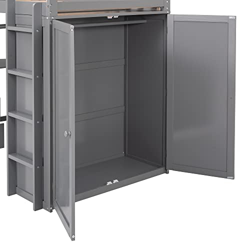 Full Size Solid Wood Loft Bed with Desk and Wardrobe S609