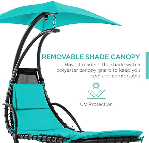 Teal Curved Steel Chaise Lounge Chair Swing with Built-in Pillow and Removable Canopy O470307