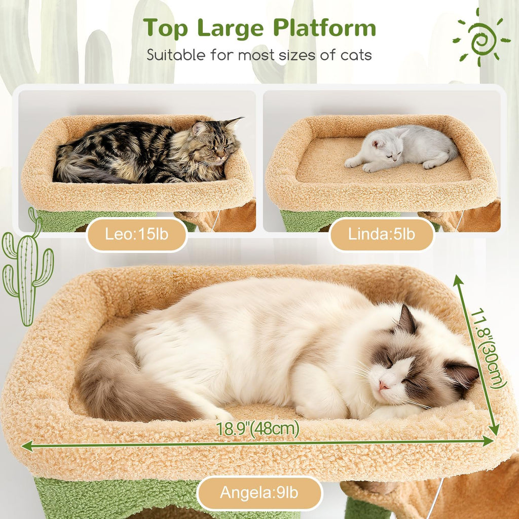 66 inch Multi-Level Cactus Climbing Tower Kitty Condo with Large Platform, 3 Caves A624573