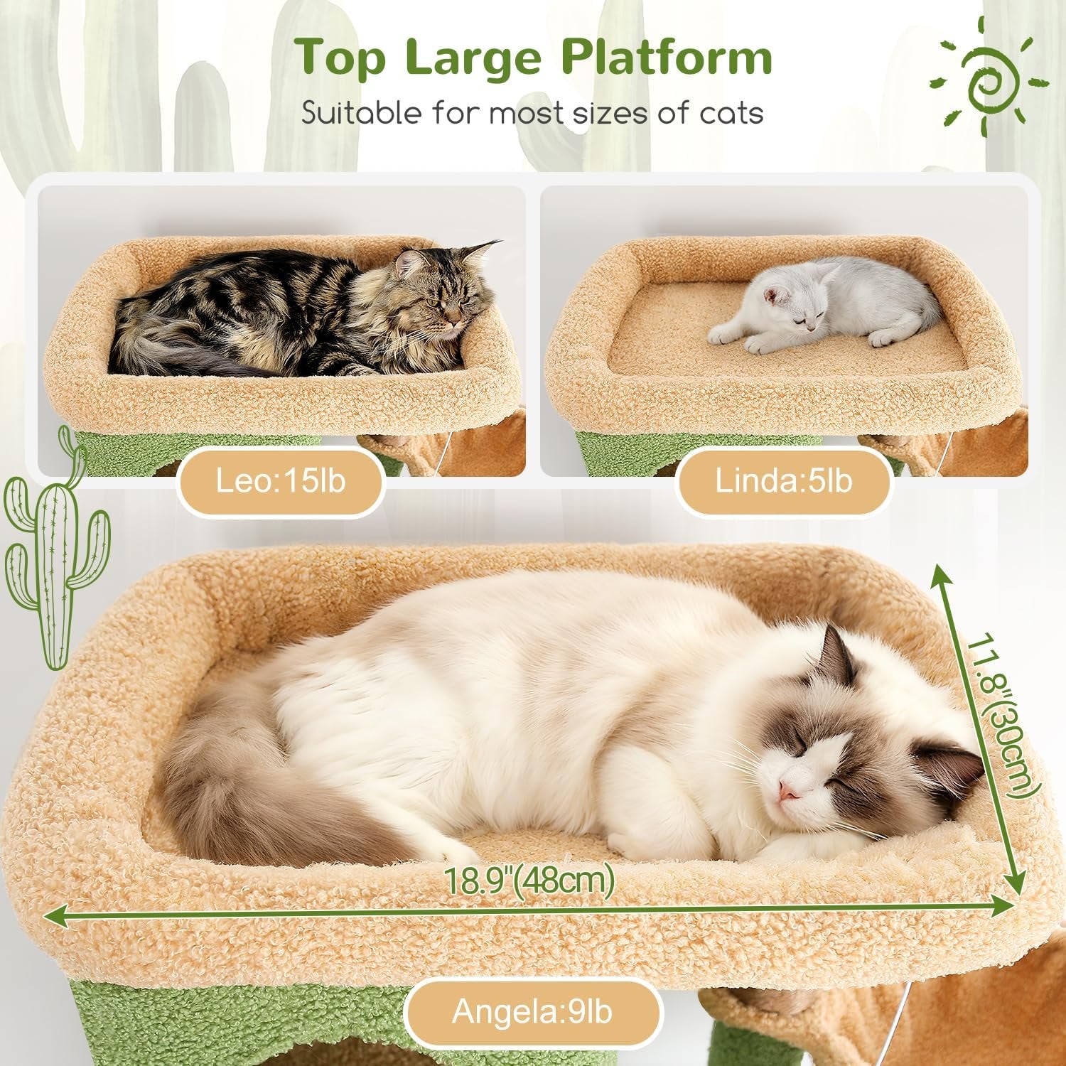 66 inch Multi-Level Cactus Climbing Tower Kitty Condo with Large Platform, 3 Caves A624573