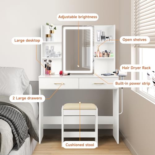 White Vanity Desk with Lighted Mirror and 2 Drawers X135