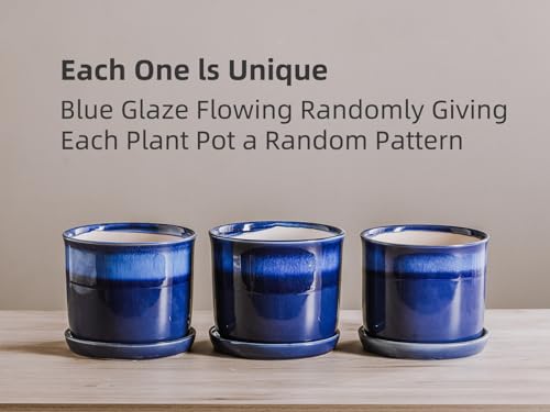 8 Inch Ceramic Planter Pot with Drainage Hole & Saucer Blue Reactive Glaze B4610
