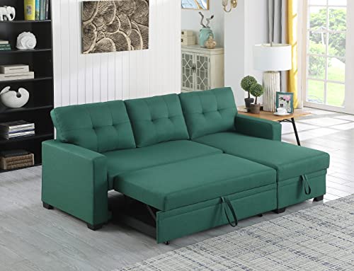 L-Shape Green Linen Sofa with Storage Chaise and Pull-Out Bed P660491