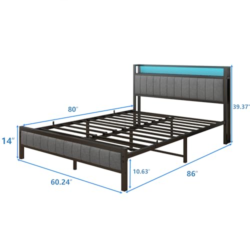 Gray Queen Size Metal Platform Bed Frame with Storage Headboard J362