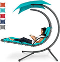 Teal Curved Steel Chaise Lounge Chair Swing with Built-in Pillow and Removable Canopy O470307