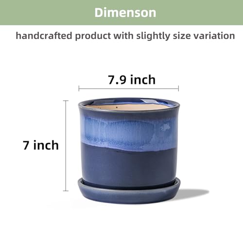 8 Inch Ceramic Planter Pot with Drainage Hole & Saucer Blue Reactive Glaze B4610