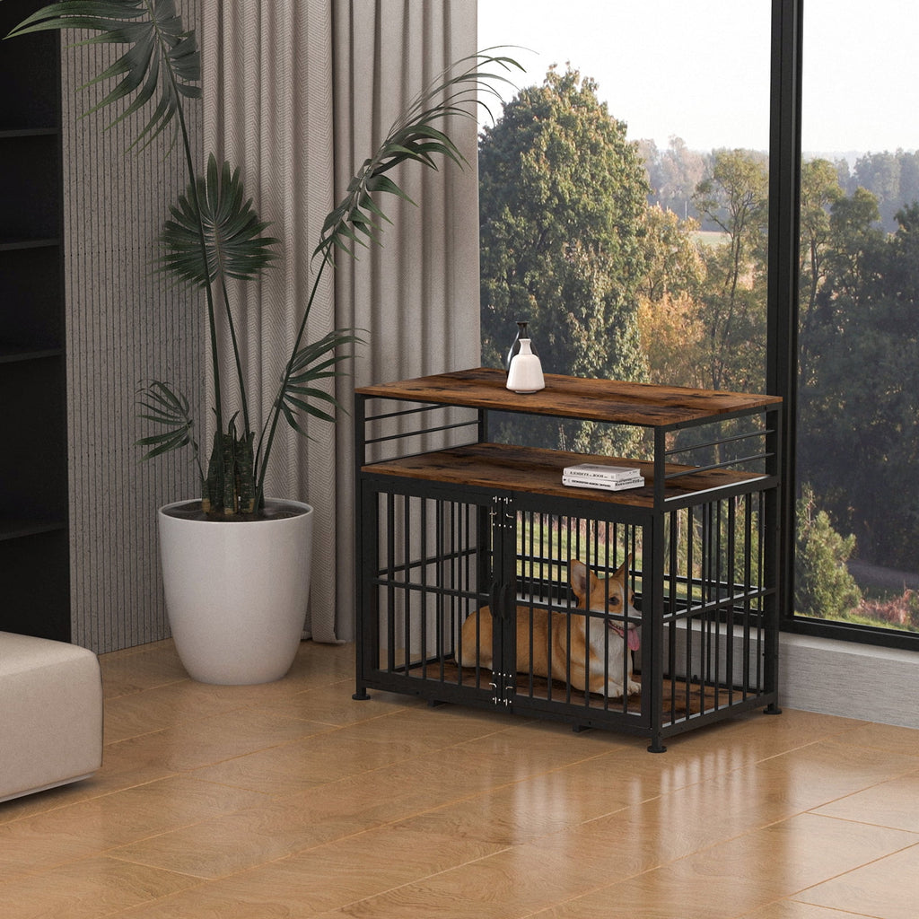 Brown 40" Wooden Dog Crate Furniture with Storage Shelf P713633