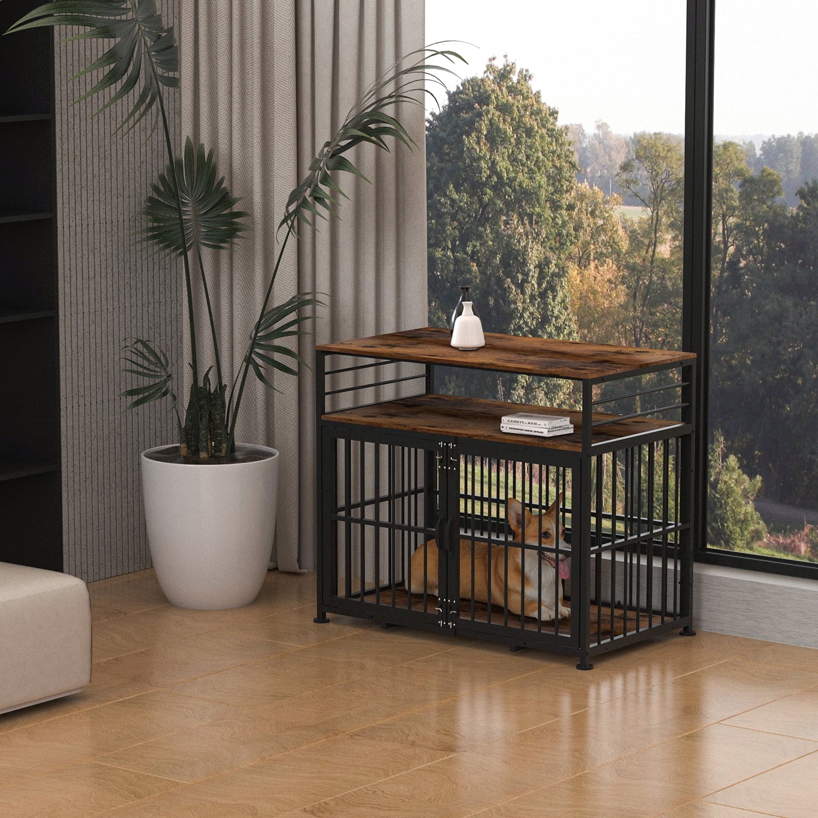Brown 40" Wooden Dog Crate Furniture with Storage Shelf P713633