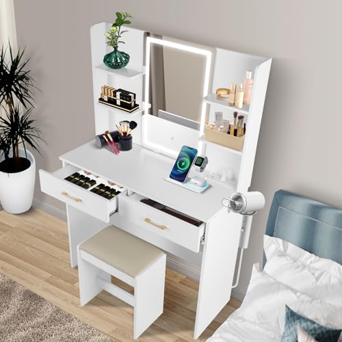 White Vanity Desk with Lighted Mirror and 2 Drawers X135