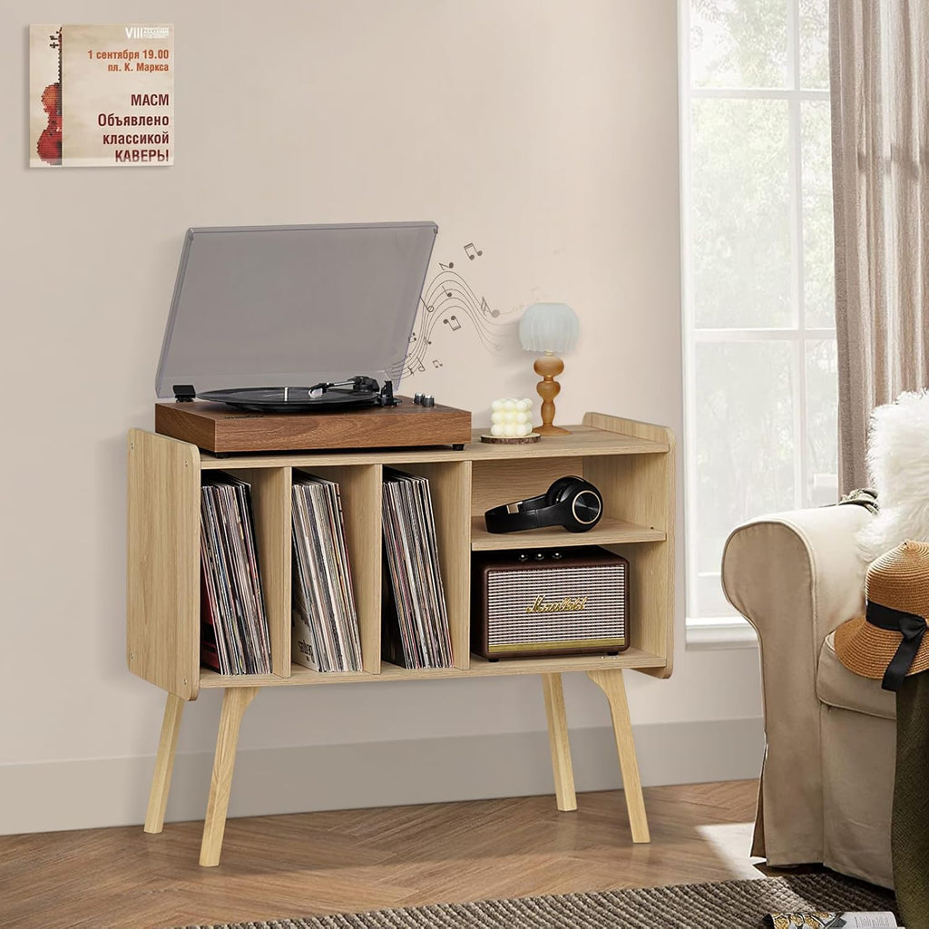 Record Player Stand with 4 Cabinet, Beech Wood Legs, Natural Vinyl Holder Storage Shelf I607278