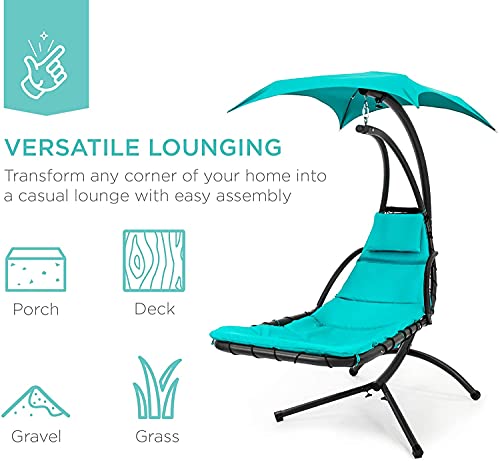 Teal Curved Steel Chaise Lounge Chair Swing with Built-in Pillow and Removable Canopy O470307