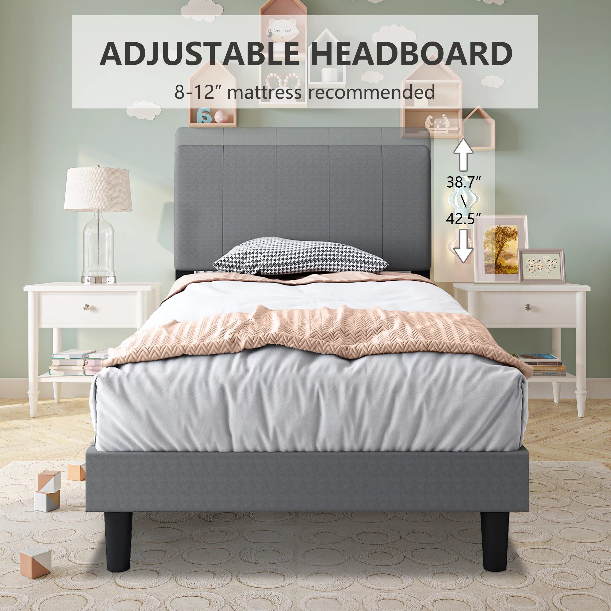 Grey Twin Size Fabric Upholstered Platform Bed Frame W1219