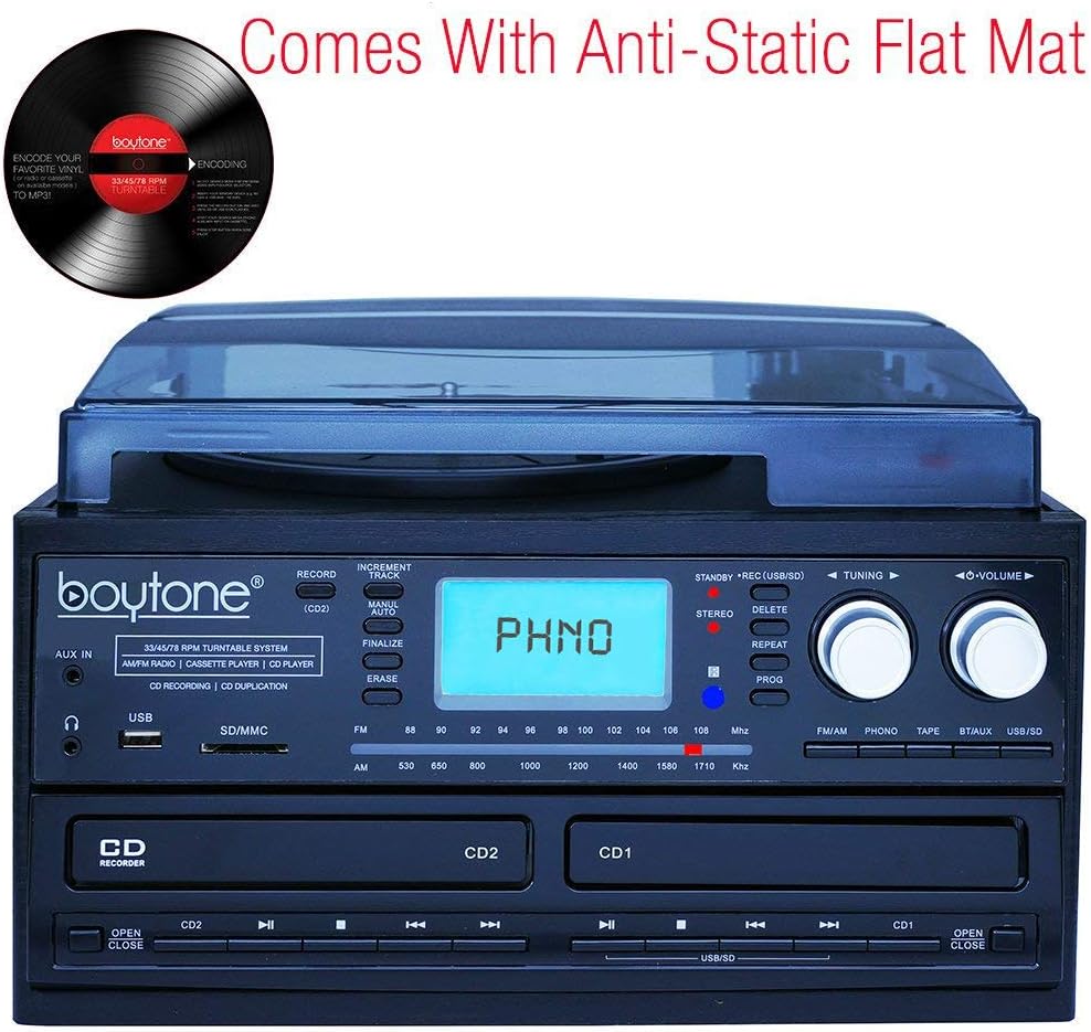 Bluetooth Dual CD Player AM/FM Radio Turntable Record Player with Cassette Player X39459