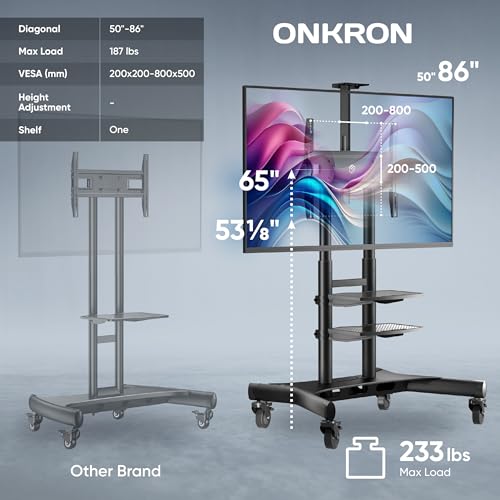 Black Mobile TV Stand on Wheels for 50-86 Inch TVs, Adjustable Height, VESA 800x500 O2325
