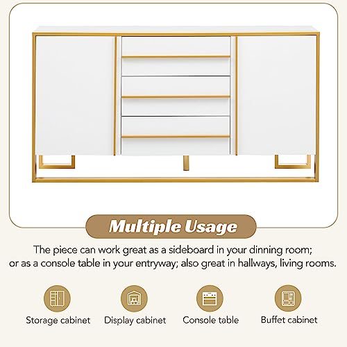 White and Gold Buffet Table with 3 Drawers 2 Doors B10814