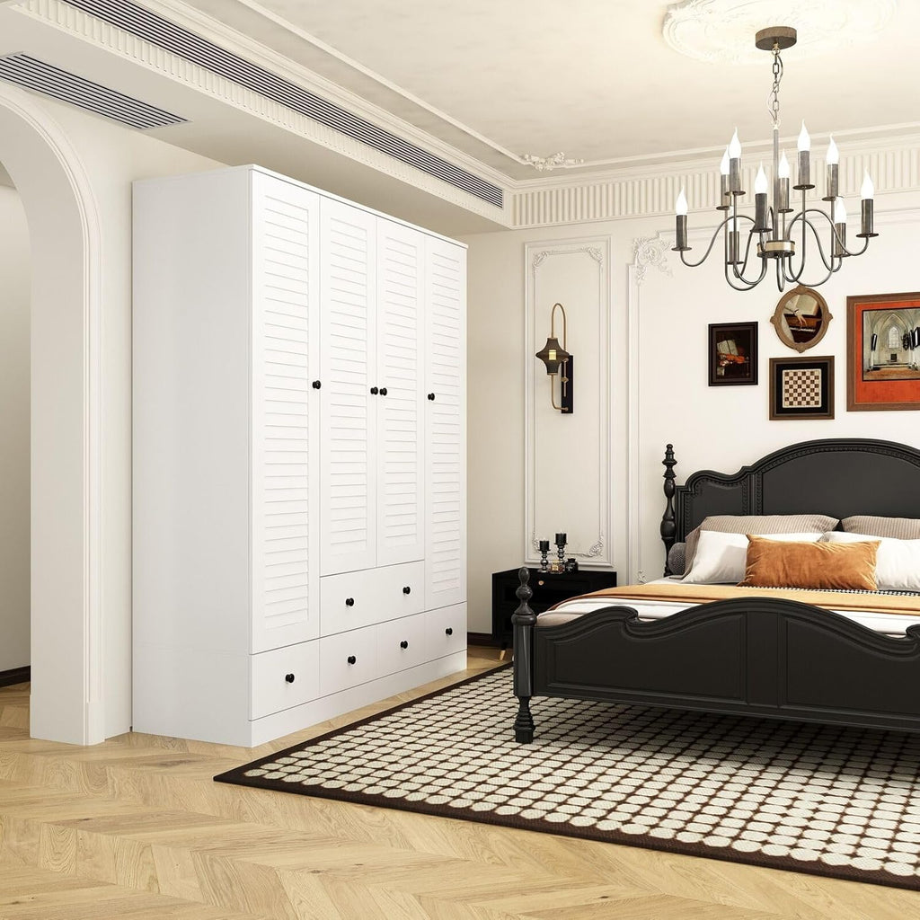 Rustic White Slat Door Wardrobe with 5 Drawers and 4 Doors G809