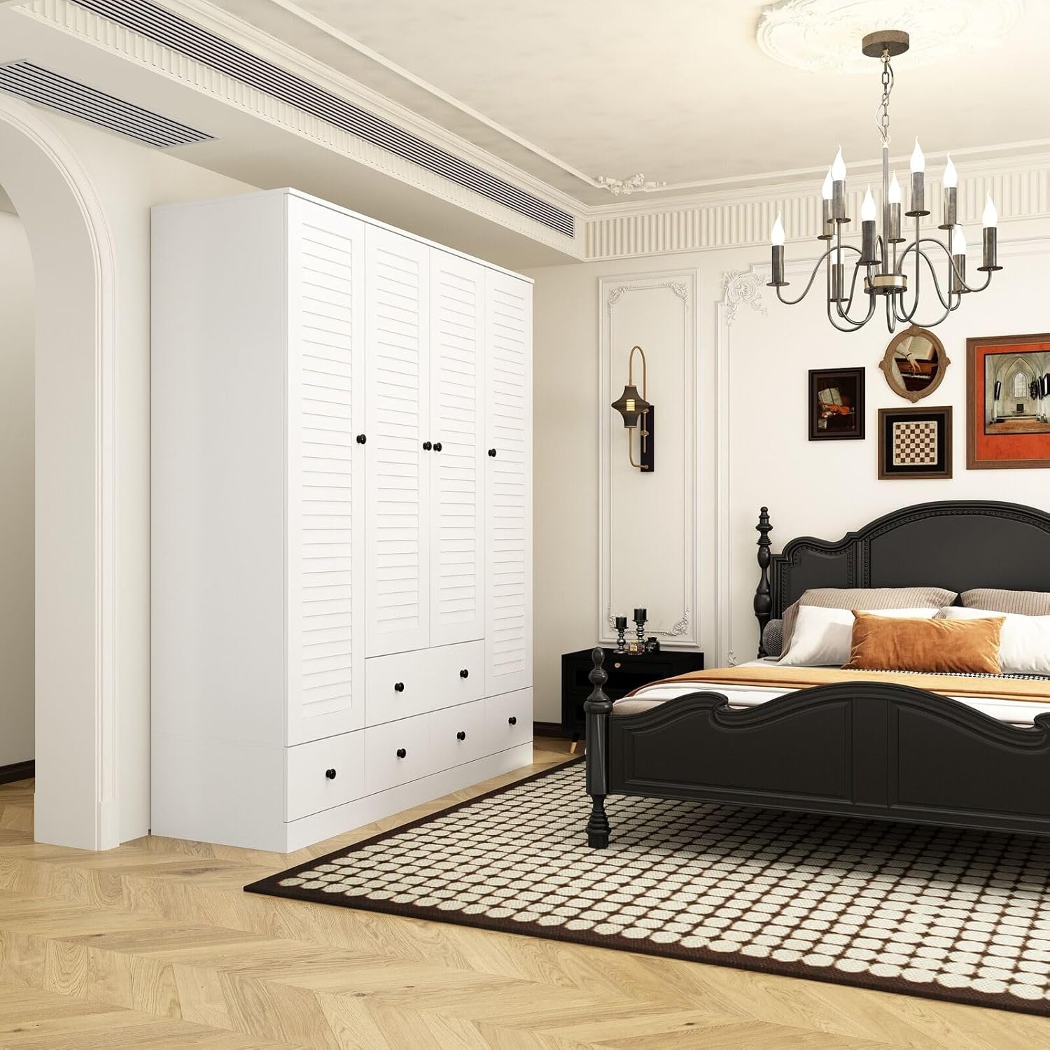 Rustic White Slat Door Wardrobe with 5 Drawers and 4 Doors G809