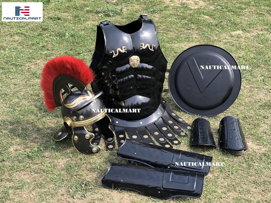 Black Medieval Muscle Body Armor Set with Helmet, Leg & Arm Guard, Shield S7145