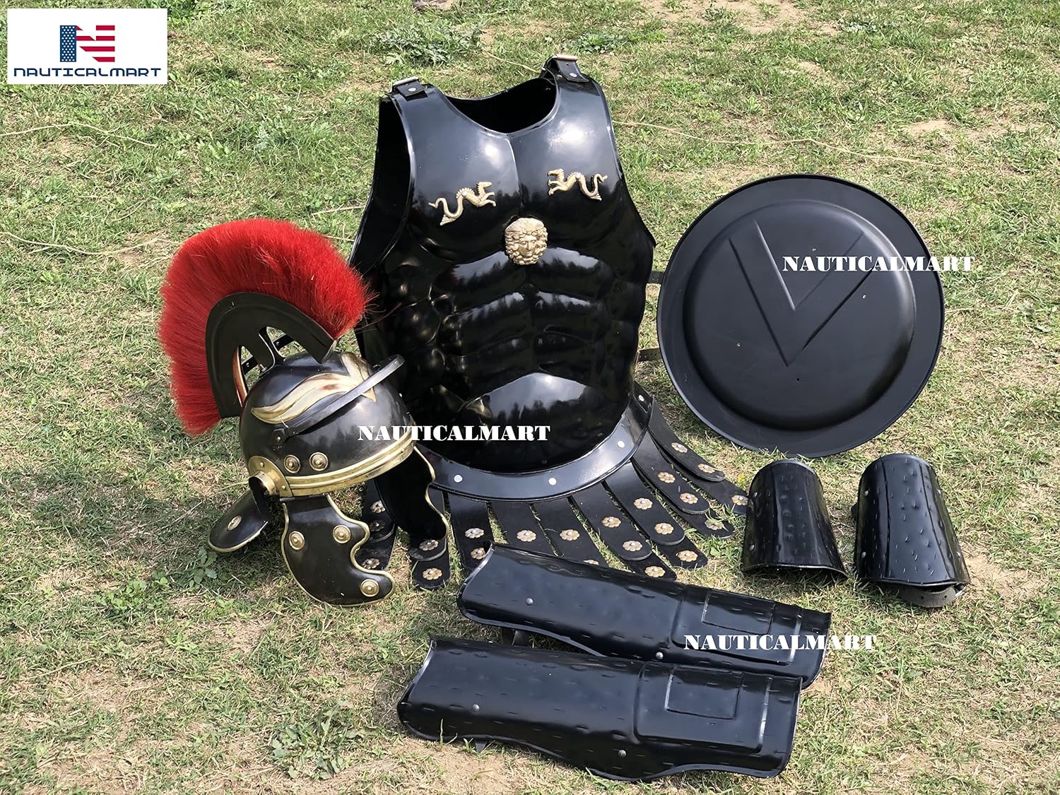 Black Medieval Muscle Body Armor Set with Helmet, Leg & Arm Guard, Shield S7145