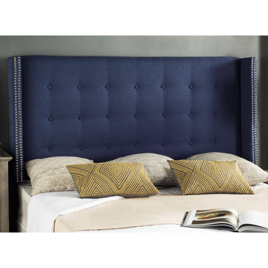 Navy Linen Tufted Winged Headboard Queen E85477